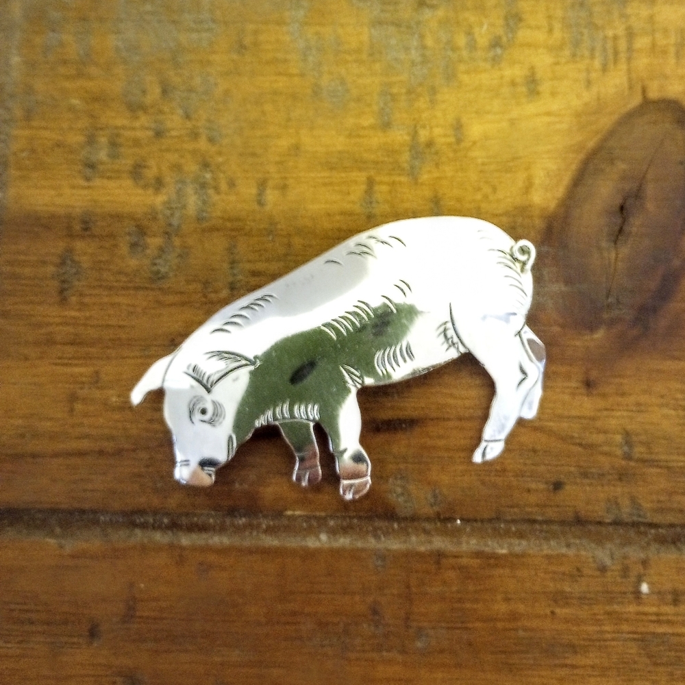 Signed Sterling Silver Pig Brooch